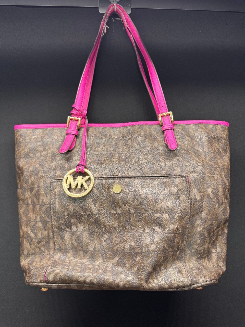 Michael Kors Jet Set Brown Monogram Pink Trim Tote